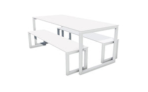City Outdoor Dining Table And Benches White Finish Top Silver Frame Base 1500Mm