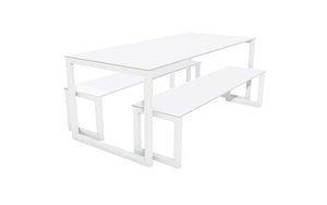 City Outdoor Dining Table And Benches White Finish Top White Frame Base 1200Mm