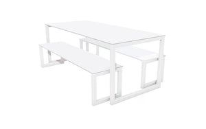 City Outdoor Dining Table And Benches White Finish Top White Frame Base 1500Mm