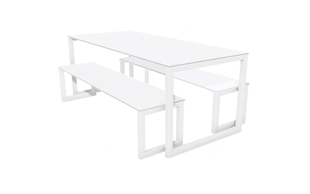 City Outdoor Dining Table And Benches White Finish Top White Frame Base 2200Mm