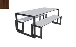 City Outdoor Dining Table And Benches Wood Dark Finish Top Black Frame Base 1200Mm