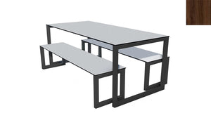 City Outdoor Dining Table And Benches Wood Dark Finish Top Black Frame Base 1500Mm