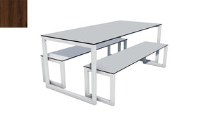 City Outdoor Dining Table And Benches Wood Dark Finish Top Silver Frame Base 1200Mm