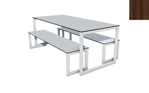 City Outdoor Dining Table And Benches Wood Dark Finish Top Silver Frame Base 1500Mm