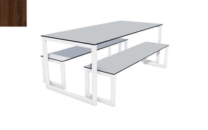 City Outdoor Dining Table And Benches Wood Dark Finish Top White Frame Base 1200Mm