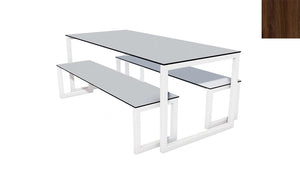 City Outdoor Dining Table And Benches Wood Dark Finish Top White Frame Base 1500Mm