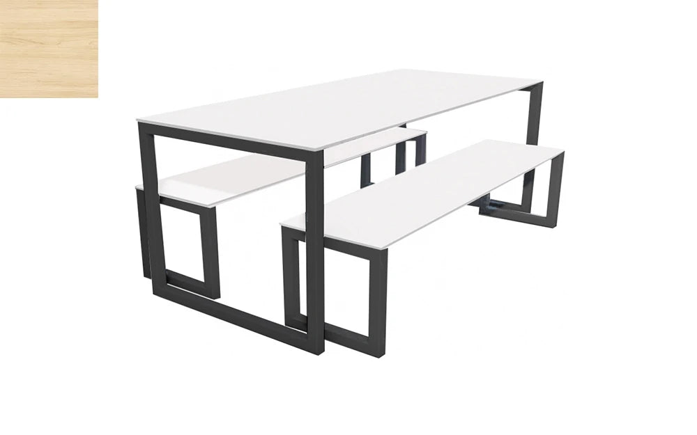 City Outdoor Dining Table And Benches Wood Light Finish Top Black Frame Base 1200Mm
