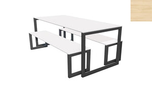 City Outdoor Dining Table And Benches Wood Light Finish Top Black Frame Base 1500Mm