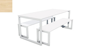 City Outdoor Dining Table And Benches Wood Light Finish Top Silver Frame Base 1200Mm
