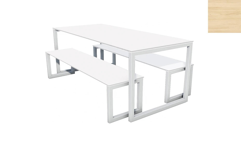 City Outdoor Dining Table And Benches Wood Light Finish Top Silver Frame Base 1500Mm