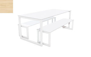 City Outdoor Dining Table And Benches Wood Light Finish Top White Frame Base 1200Mm