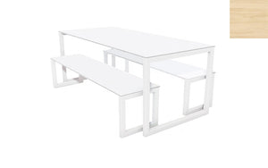 City Outdoor Dining Table And Benches Wood Light Finish Top White Frame Base 1500Mm