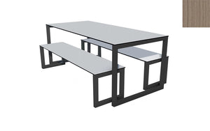 City Outdoor Dining Table And Benches Wood Med Finish Top Black Frame Base 1500Mm