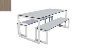 City Outdoor Dining Table And Benches Wood Med Finish Top Silver Frame Base 1200Mm