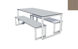 City Outdoor Dining Table And Benches Wood Med Finish Top Silver Frame Base 1500Mm