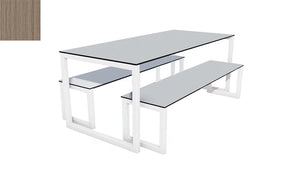 City Outdoor Dining Table And Benches Wood Med Finish Top White Frame Base 1200Mm