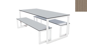 City Outdoor Dining Table And Benches Wood Med Finish Top White Frame Base 1500Mm