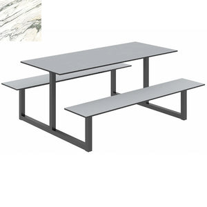 Parc Outdoor Dining Table And Benches Marble Finish Top Black Frame Base