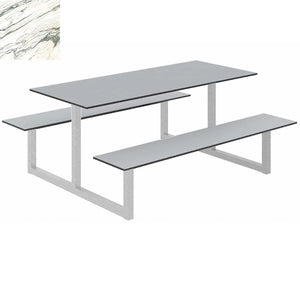 Parc Outdoor Dining Table And Benches Marble Finish Top Silver Frame Base