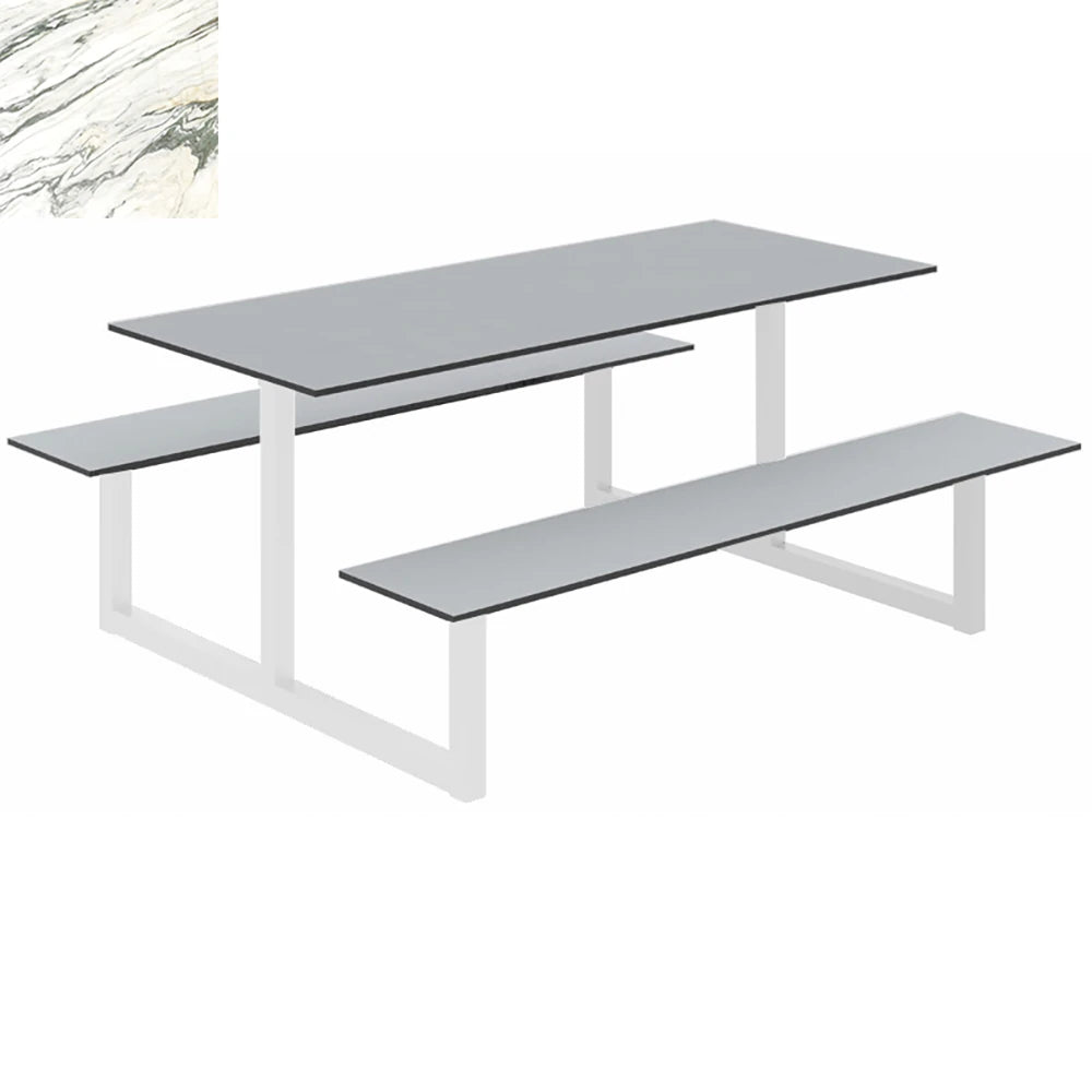 Parc Outdoor Dining Table And Benches Marble Finish Top White Frame Base