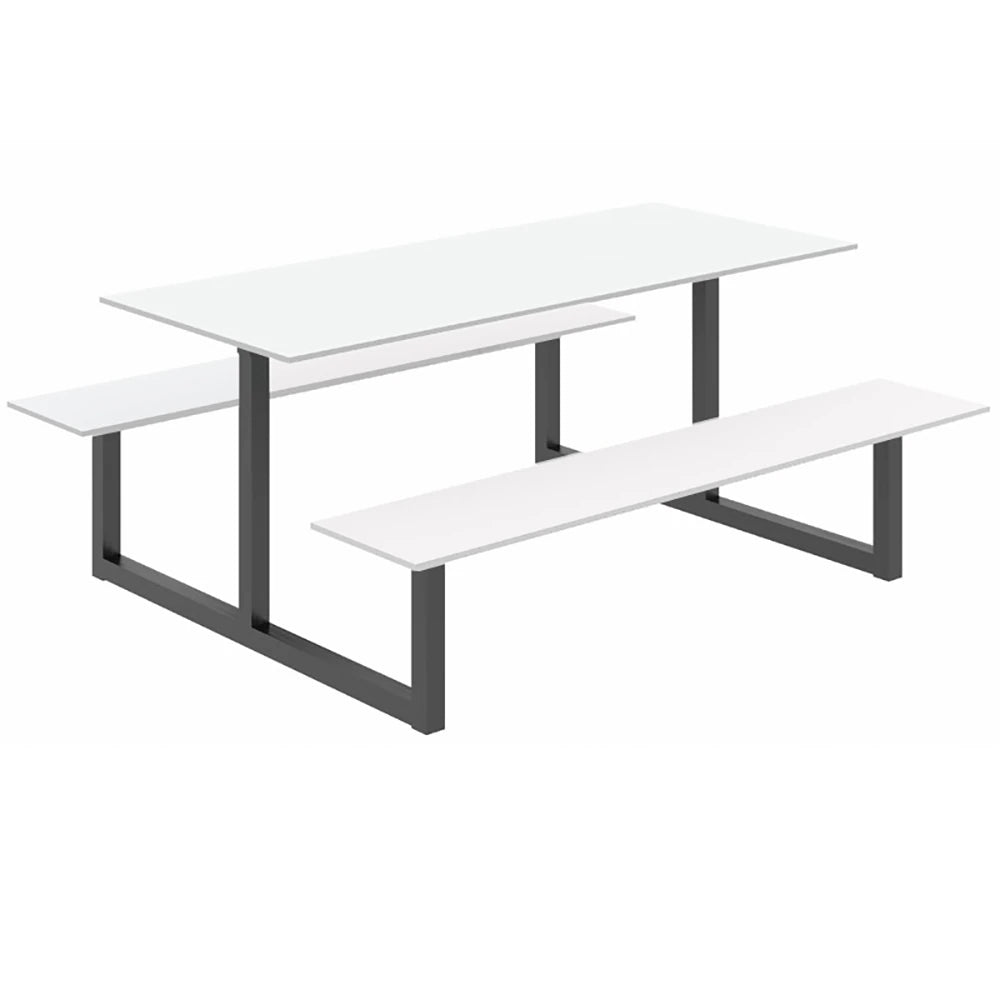 Parc Outdoor Dining Table And Benches White Finish Top Black Frame Base