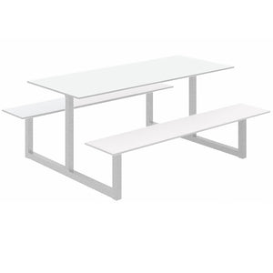 Parc Outdoor Dining Table And Benches White Finish Top Silver Frame Base