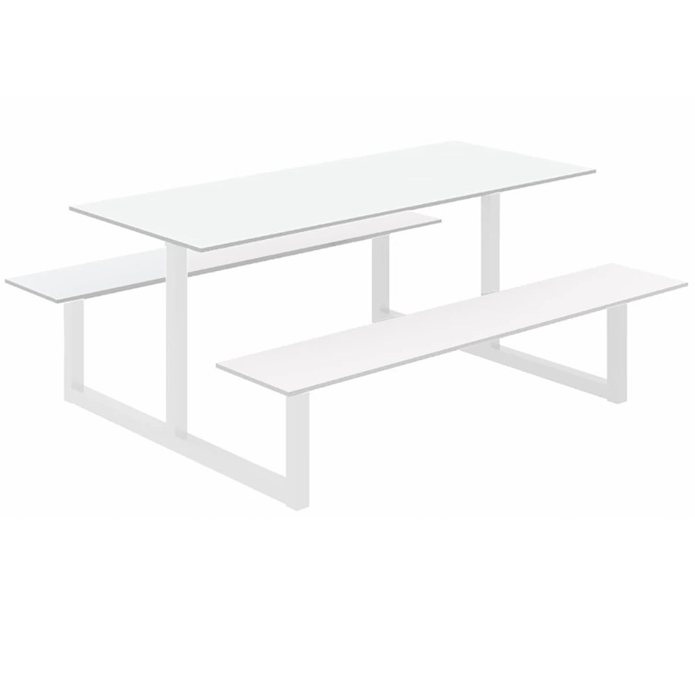 Parc Outdoor Dining Table And Benches White Finish Top Black Frame Base