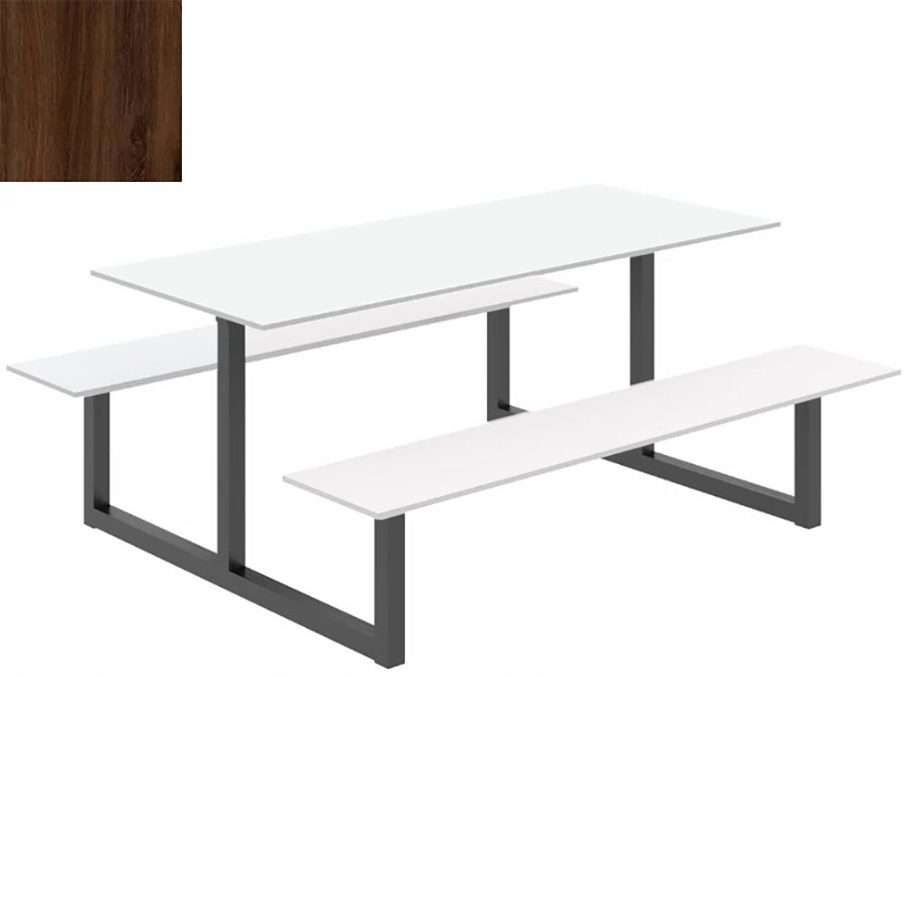 Parc Outdoor Dining Table And Benches Wood Dark Finish Top Black Frame Base