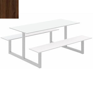 Parc Outdoor Dining Table And Benches Wood Dark Finish Top Silver Frame Base