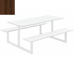 Parc Outdoor Dining Table And Benches Wood Dark Finish Top White Frame Base