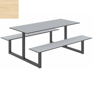 Parc Outdoor Dining Table And Benches Wood Light Finish Top Black Frame Base