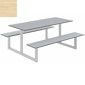 Parc Outdoor Dining Table And Benches Wood Light Finish Top Silver Frame Base