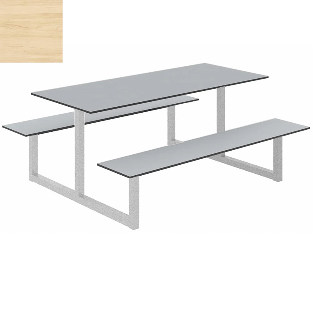 Parc Outdoor Dining Table And Benches Wood Light Finish Top Silver Frame Base