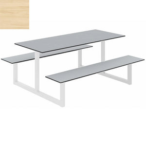 Parc Outdoor Dining Table And Benches Wood Light Finish Top White Frame Base